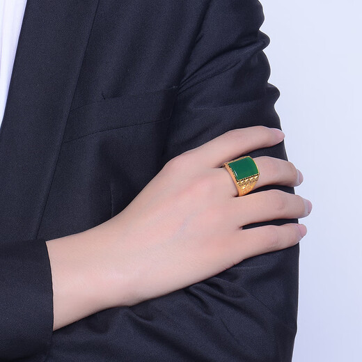Tico fortune pure gold 999 gold ring men's 3D hard gold inlaid chrysoprase living ring birthday gift