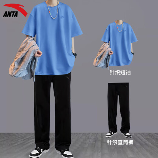 安踏运动套装男2025年夏新款纯棉短袖T恤长裤运动服青少年休闲两件套 【套装】-1纯净白 L/175