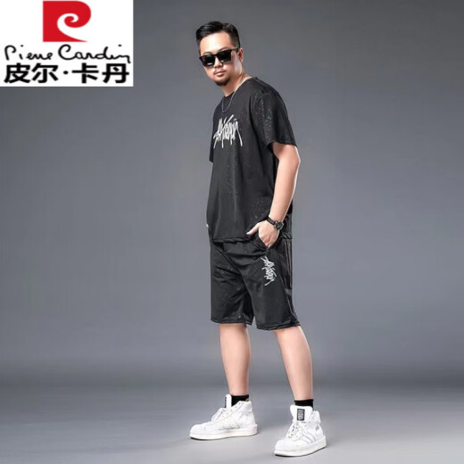 皮尔卡丹（pierre cardin）肥佬冰丝短袖t恤男加肥加大空调衫夏季宽松运动薄款凉感大码男装 黑色829套装 5XL 220-240斤