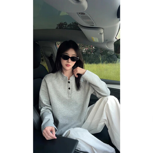 XUANSENTU White Gray Henley Collar Front Shoulder Long Sleeve T-Shirt Men's Autumn American Deconstructed Splicing Heavy Sweater Stand Collar Bottoming Shirt White Gray L