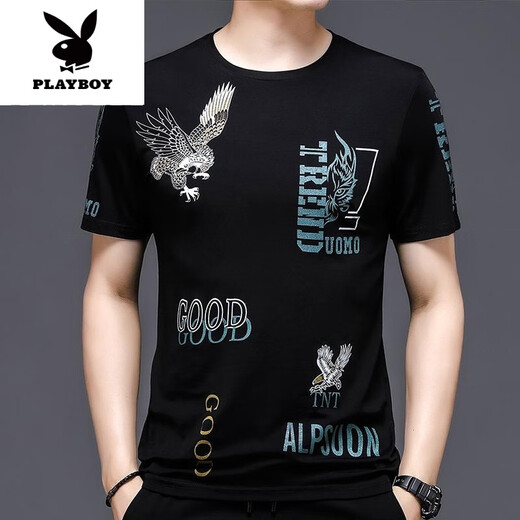 花花公子（PLAYBOY）短袖t恤男夏季印花虎头宽松冰丝半袖男士薄款冰感潮T新品 829条纹字母黑色【短.袖】 M 165/ 建议95-120斤
