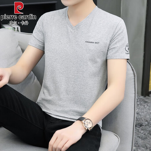 Pierre cardin high-end ice silk cotton quick-drying summer cotton short-sleeved T-shirt men's blouse v neck trendy fashion new half-sleeved men's slim fit T [Father's Day gift] Dark gray Q693 M 90-100Jin [Jin equals 0.5 kg]
