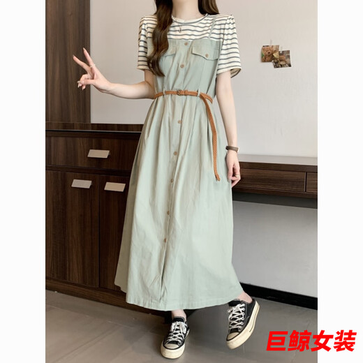 tromlfz胖MM特大码300斤假两件条纹T恤连衣裙女夏季显瘦遮肚法式吊带长裙 C1049-豆绿色/款连衣裙 M