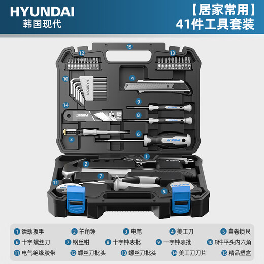 HYUNDAI Tool Set Home Tool Box Multi-Function Hardware Repair Complete Home Electrician Complete Combination Car Mount Korean Hyundai - 41-piece set commonly used at home