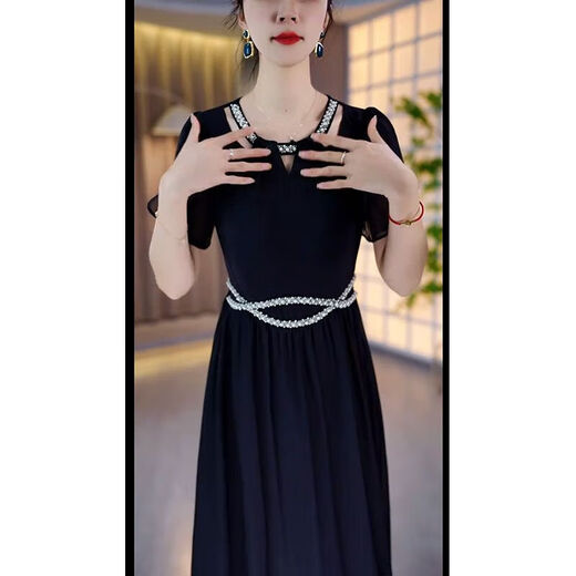 欧倩姗女短袖高端洋气女士高档裙子时尚连衣裙女2025夏季新款收腰遮肚子 13662-黑色 XL 建议110-125斤