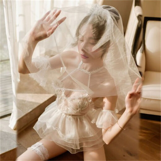 婚纱情趣女性感睡衣透明蕾丝婚纱情趣制服挑逗火辣诱惑套装裙 魅惑黑套装+9756+模特袜 均码80-120斤