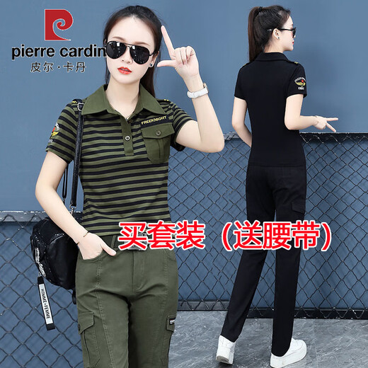 皮尔卡丹夏季迷彩服韩版休闲套装女短袖时尚大码显瘦薄款宽松运动广场舞服 条纹套装6601短袖+9230直筒裤 S 建议80-90斤