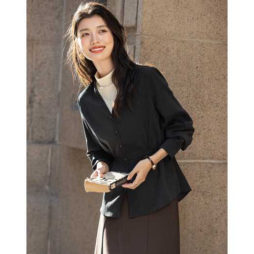 德玛纳【智感女士】冬季静奢风立领保暖磨毛衬衫褶裥拼色腰带衬衣女上衣