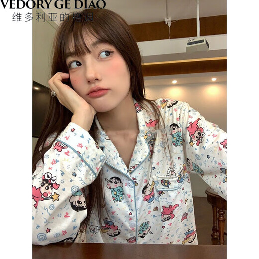Victoria's style pure cotton pajamas for women in spring and autumn new style crayon Shin-shiba long sleeve long trousers cartoon cute student home clothing set 826 Cherry Bear [Double-length] fabric M [Suggestion 75-95Jin [Jin equals 0.5 kg]]