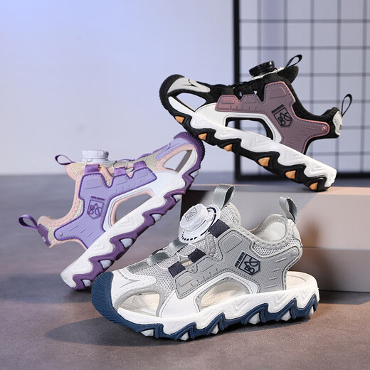 Boys 2025 summer new waterproof lightweight swivel outdoor sports sandals for middle and large children ready-made sandals children's shoes black gray 38