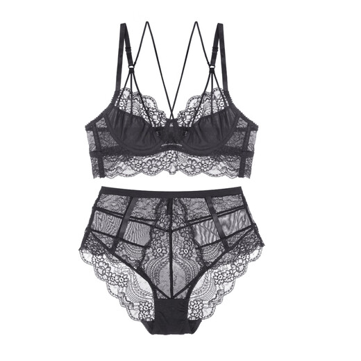 Dudant Luxury International Brand Sexy Underwear Women's Black Lace Big Breast Revealing Small Side Breasts Anti-Sagging Bra Set Black Set A Style S 32/70A (With Panties)