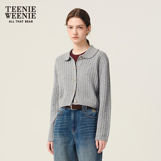 Teenie Weenie小熊女四季针织开衫2025秋新款少女感翻领舒适毛衣 灰色 S