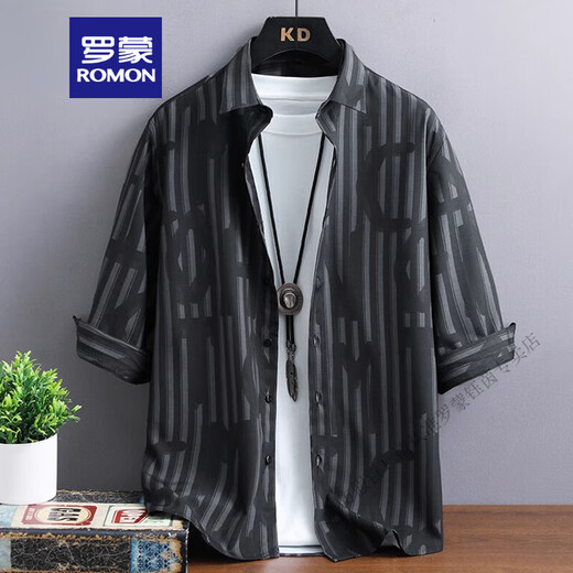 ROMON (ROMON) Camisa de manga de 7 trimestres de la capa de seda masculina de la solapa delgada de la altura de la altura de la altura del verano