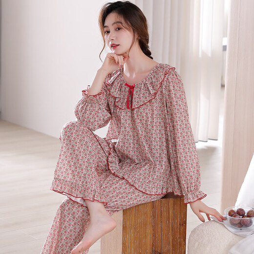 SHUO GU JIN official pajamas for women spring and autumn pure cotton long sleeve women autumn cotton large size autumn and winter thin casual home clothing X1517 whale ash M Recommended 80-100Jin [Jin equals 0.5 kg]