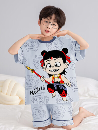 哪咤儿童睡衣青少年男孩纯棉2025新款大童家居服男童短袖短裤吸汗 N694那吒【100%纯棉】 130 【14码】125-135CM 50-60斤