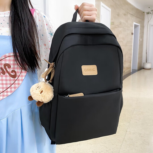 新款双肩包女书包大容量轻便电脑包男生电脑包背包学生书包旅行包 黑色送挂件