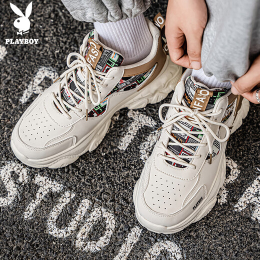 Playboy (PLAYBOY) dad shoes men's shoes 2025 autumn and winter casual shoes men's thick-soled high-top fashion sneakers trendy beige 42