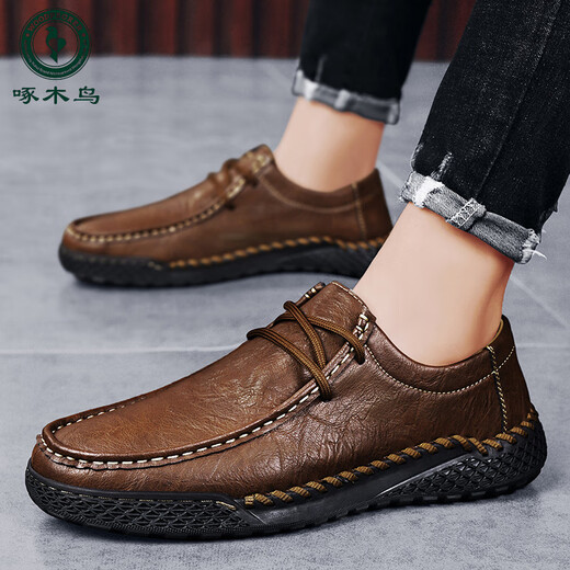 
Woodpecker casual leather shoes for men 2025 new breathable outdoor sports lazy bean shoes genuine leather soft sole anti-slip trend black [9903 four seasons] 39