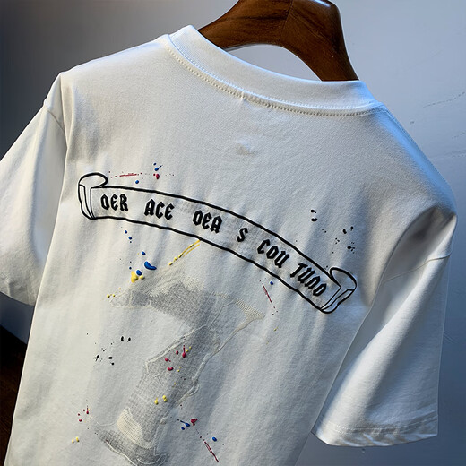 Kurashi Ichiki Sommer Herren kurzärmelig T-Shirt Lose Casual Runde Hals Dünne Kleidung 2025 Neu gestickte halbärmelige T-Shirt Männer White_ [HJ6630] M_SUitable_95-110jin [Jin gleich 0,5 kg] Verschleiß tragen