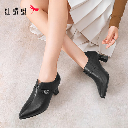 Red Dragonfly Shoes Women's Autumn Sheepskin Pointed Toe Temperament High Heels Commuting Ankle Boots Leather Shoes WFB35009 Black 37