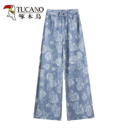 Woodpecker printed wide-leg jeans for women in 2025 new summer thin style super hot Chinese style draped lazy straight pants for women blue trousers 2XL [135-150Jin[Jin equals 0.5 kg]]