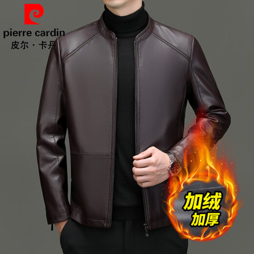 Pierre Cardin leather jacket men's winter velvet thickened warm leather jacket autumn and winter stand-up collar slim retro cycling motorcycle jacket