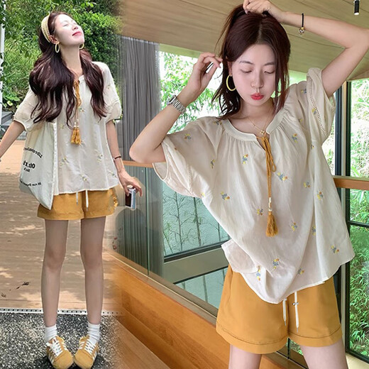Ranqis Mutterschaftsanzug, Sommeranzug, modische und modische koreanische frisch gestickte altersreduzierende Hemd, Top, Shorts, zweiteilige Sommer-Set, Top + Shorts (Anzug) m
