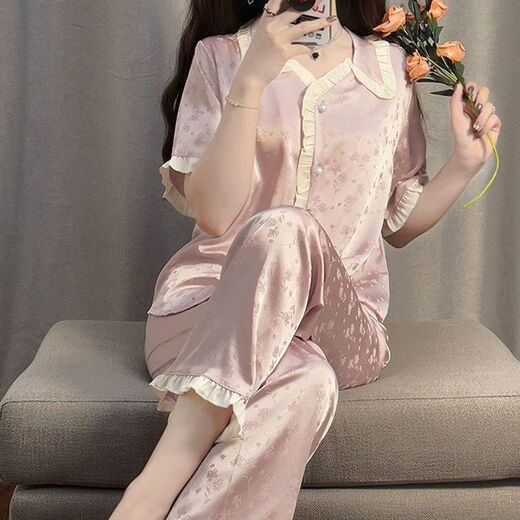 雅鹿睡衣女夏季大码薄款凉感冰丝绸宫廷风短袖长裤舒适家居服套装 FY3937[郁金香短袖短裤] 均码 L[建议100120斤]
