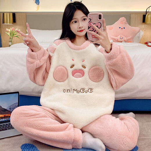 Slim and Chia Coral Velvet Pajamas for women in spring, autumn and winter thickened warm sweet and cute flannel student home clothes set cartoon 3271 Blue Rabbit M