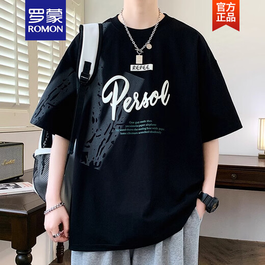 罗蒙（ROMON）2025新款青少年短袖t恤男夏季高初中学生帅气大童夏装上衣服 693黑色 2XL 约145-165斤可穿
