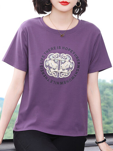 Pure cotton short-sleeved T-shirt for women's mother summer 2025 new style middle-aged and elderly fashionable shirt loose large-size top light blue 7373 model M suggests 95105Jin [Jin equals 0.5 kg] All size