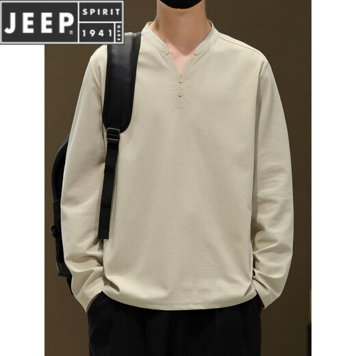 JEEP SPIRIT Henry collar long-sleeved t-shirt for men 2025 new solid color retro simple bottoming shirt autumn loose v-neck sweatshirt black 99539 long sleeve 4XL