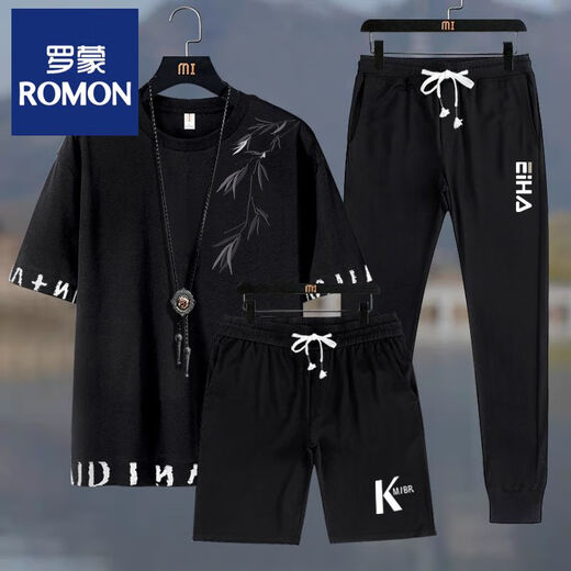 罗蒙短袖套装男夏季新款两件套t恤运动休闲帅气短裤潮流衣服学生 杏灰色RR(三件套） 6630 M 建议90-100斤