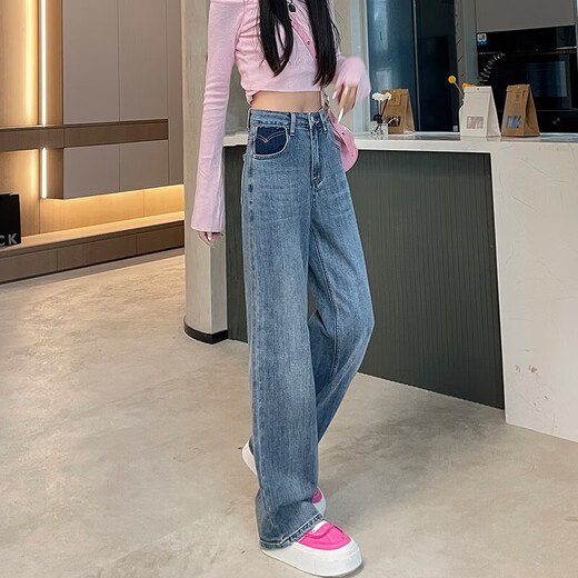 Retro Loose Wide-Bein-Jeans für Frauen 2025 Frühlings- und Sommer-Taschenschattenfarbe High-End-Casual Haos Nr. 9903 Nostalgic Blue Regular M (Empfohlen 95-110jin [Jin ist gleich 0,5 kg])