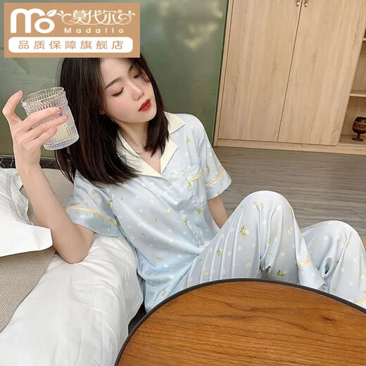 Modal summer new ice silk cool pajamas for women thin short-sleeved trousers ins Korean version of Bluebell Flower Sweet Home Clothing High Quality-YFY9905 [Short-sleeved trousers] M [Suggested 80-100Jin [Jin equals 0.5 kg]]