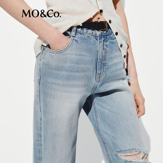 MO&Co.牛仔裤2025夏新品重工绳染手磨破洞中低腰直筒裤MBE2JEN002 牛仔蓝色 XS /XS