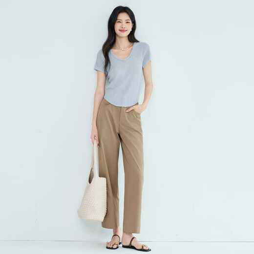 Evely Jiang Xin respalda la nueva ropa de verano 2025 Nuevos pantalones de pierna recta de nueve puntos para mujeres que viajan con pantalones de traje transpirable Ligero de trabajo Versátil Caki M 105-115Jin [Jin equivale a 0.5 kg]