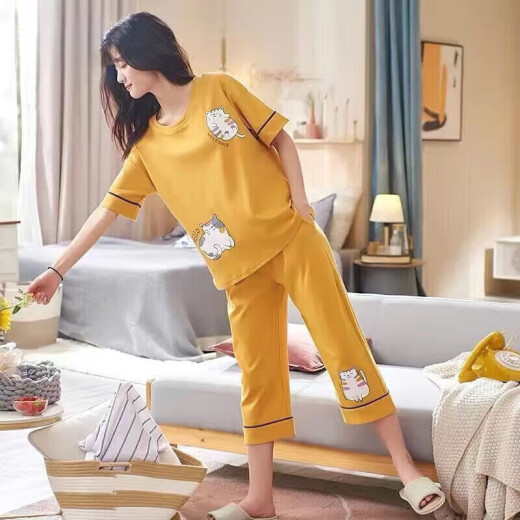 浪莎睡衣女夏季短袖套装宽松春夏天可外穿家居服520情人节礼物 短袖七分裤679 M 建议80-98斤穿