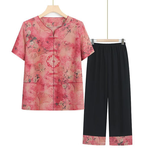 Camisa de verano Blue Flag Grandma Set de dos piezas de dos piezas de moda y de moda Mam y de manga corta Pantalones de ropa de mediana edad y ancianos LQ6626 Red Set XL Recomendado 80-100Jin [Jin equivale a 0.5 kg]