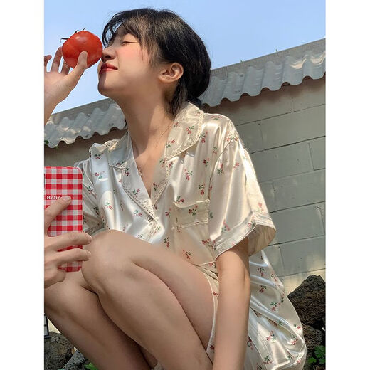 欧伦黛ins新款碎花冰丝睡衣女夏季薄款小清新休闲少女家居服套装可外穿 套YFY9905【丝滑凉感型】 M 【建议80-100斤】