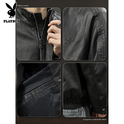 Playboy autumn and winter 2025 new handsome PU leather jacket men's autumn stand-up collar loose American top pilot leather jacket black gray L suitable weight 130-145Jin Jin equals 0.5 kg