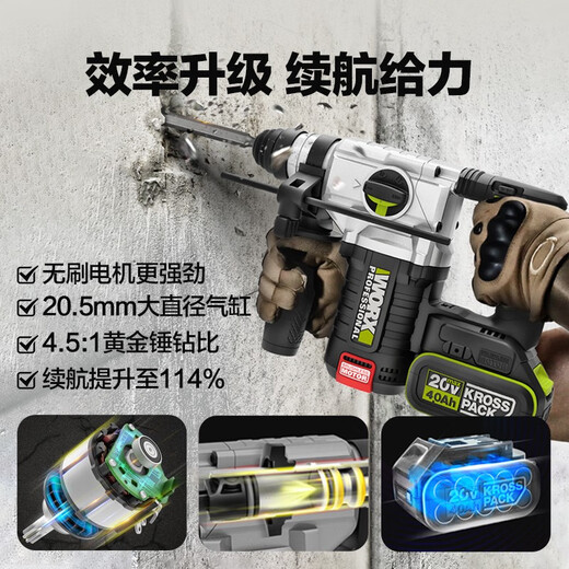 WORX 威克士威克士WU388锂电电动工具无线充电式无刷电锤电镐脉冲击钻大功率 WU3884.0双电+快充