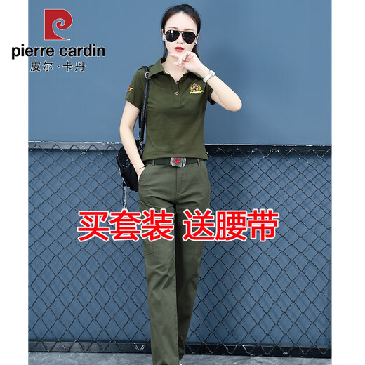 皮尔卡丹夏季迷彩服韩版休闲套装女短袖时尚大码显瘦薄款宽松运动广场舞服 条纹套装6601短袖+9230直筒裤 S 建议80-90斤