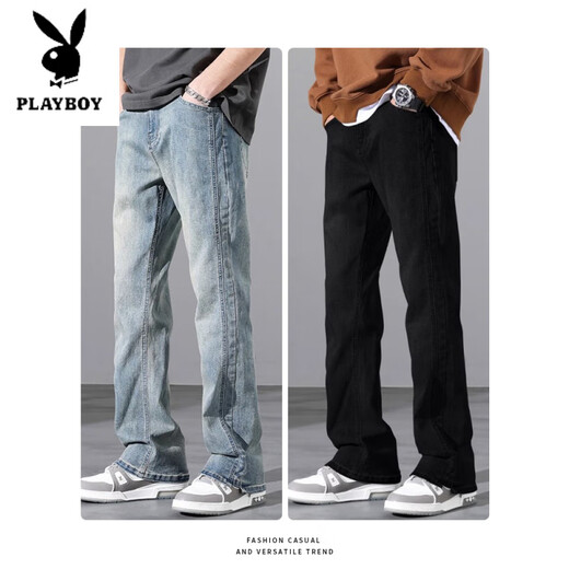 花花公子（PLAYBOY）牛仔裤潮牌男生宽松直筒2025夏季新款美式高街休闲阔腿复古长裤子 9901怀旧蓝+9901黑色 S
