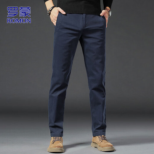 ROMON pants men's straight casual pants men's autumn and winter slim business men's pants versatile Khmer trousers navy blue 34