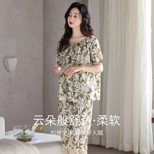 允织睡衣女夏季纯棉短袖七分裤薄款夏天2025年新款全棉夏款休闲家居服 6218-白棕 M (160) ：建议90-110斤穿着