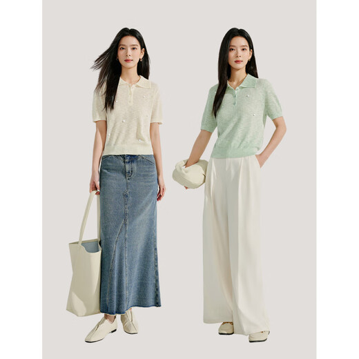 
Inman French POLO neck beaded short sleeve sweater for women 2025 summer new commuter shoulder short top white M