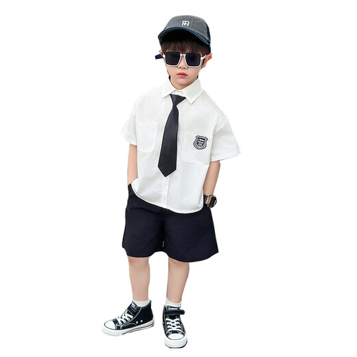 G.DUCKKIDS小黄鸭男童套装夏季学院风儿童西装演出服男孩白衬衫黑裤子两件套 白色衬衫+黑色裤子+领带 130 建议7~8岁【120-130cm】cm