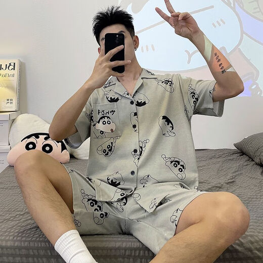 Mu Fengqing pajamas men's summer short-sleeved cartoon teenager junior high school student cardigan home clothes plus fat plus size men's pajamas 6624 short-sleeved suit M standard (high 165100Jin [Jin equals 0.5 kg])
