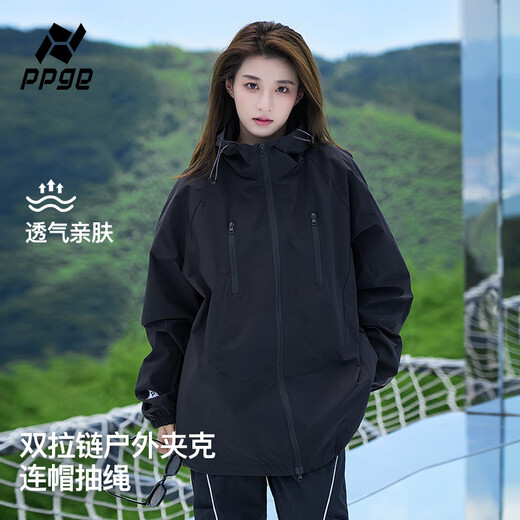 
PPGE Outdoor Hooded Couple Working Soft Shell Charge Jacket Top Light and Loose Multi-zipper Sports Mountaineering Suit Black XL